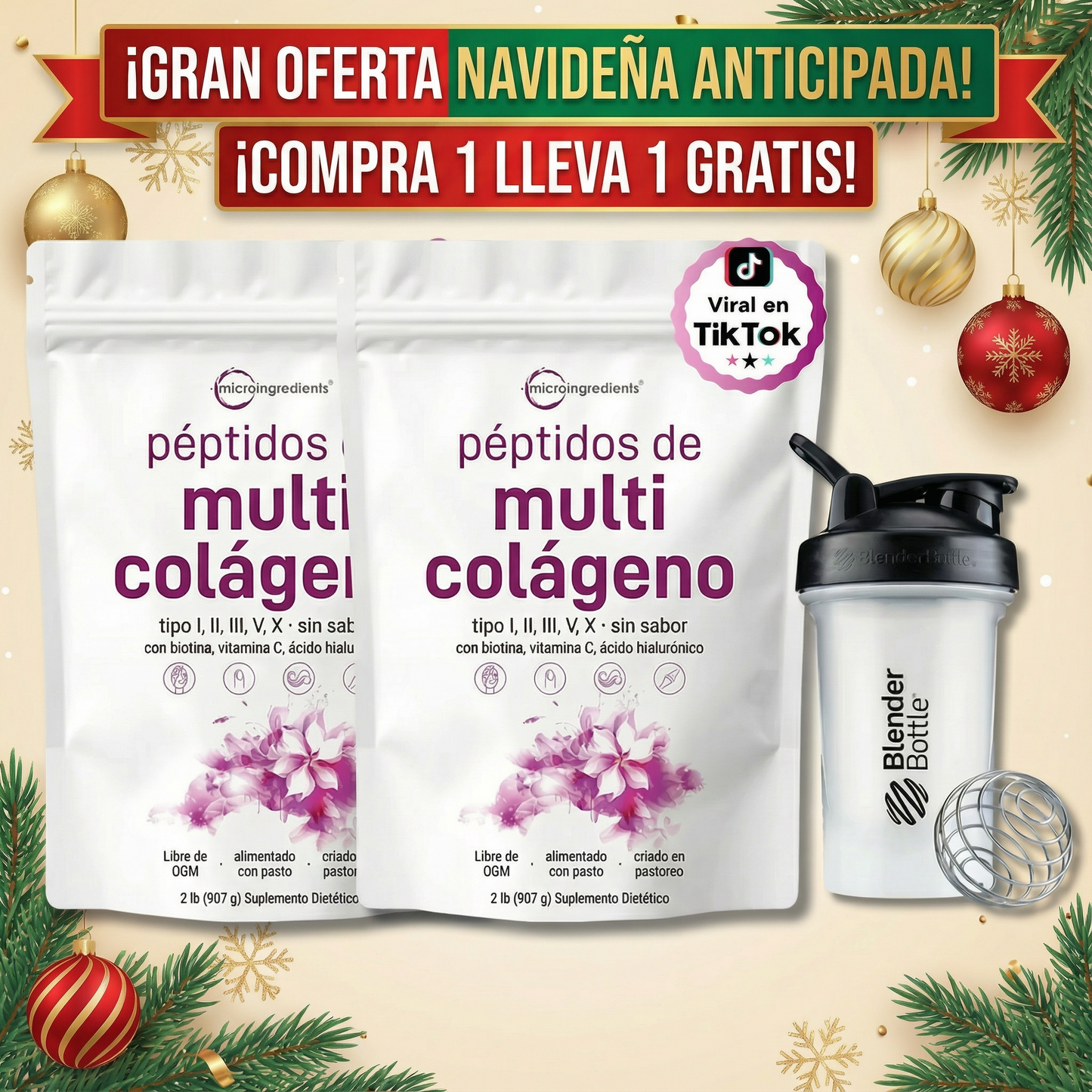 2LBS Micro Ingredients Polvo de Péptidos de Colágeno Multitipo